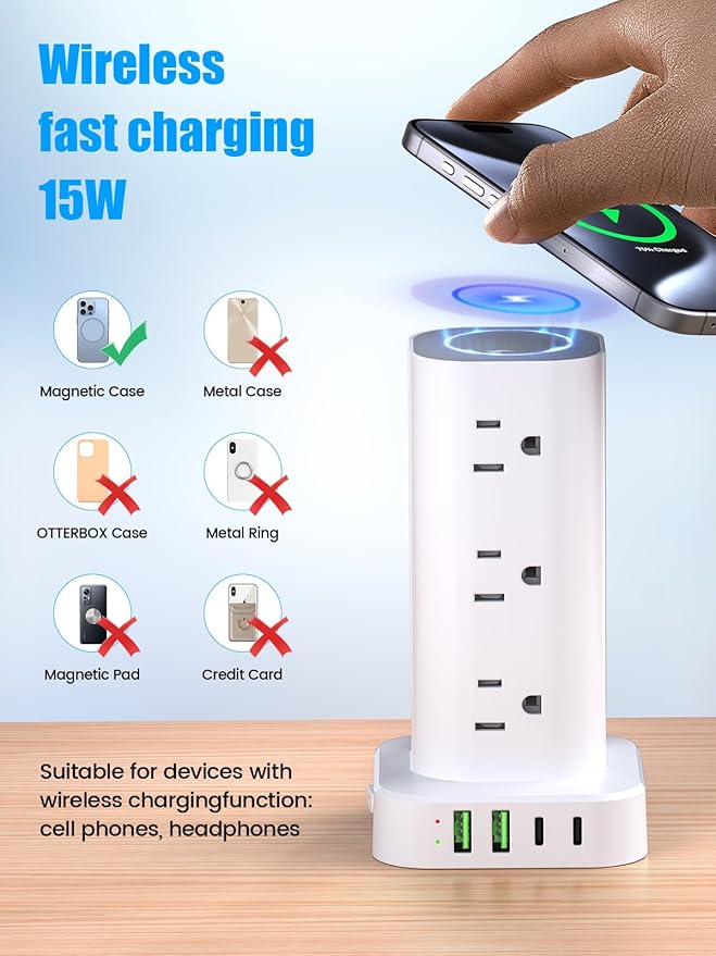Tower Power Strip with 15W Wireless Charger, 10FT Flat Plug Extension Cord with Multiple Outlets, 12 AC Outlets, 4 USB Ports (2 USB C) Charging Station Surge Protector for Office Home Dorm Room(White) | Power Strips - TrueDesk