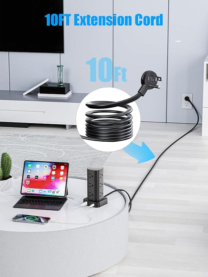 Tower Power Strip with 15W Wireless Charger, 10FT Flat Plug Extension Cord with Multiple Outlets, 12 AC Outlets, 4 USB Ports (2 USB C) Charging Station Surge Protector for Office Home Dorm Room(Black) | Power Strips - TrueDesk