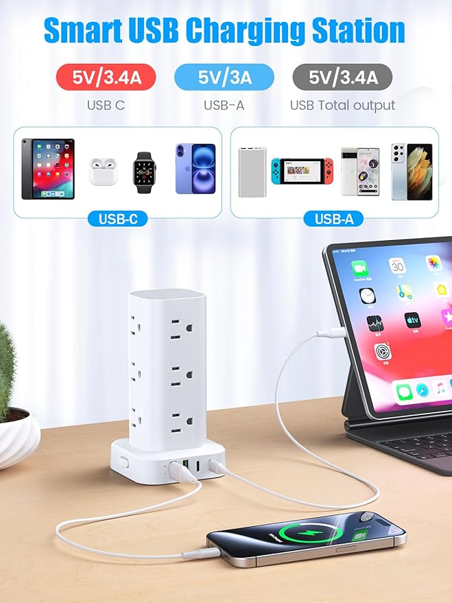 Tower Power Strip with 15W Wireless Charger, 10FT Flat Plug Extension Cord with Multiple Outlets, 12 AC Outlets, 4 USB Ports (2 USB C) Charging Station Surge Protector for Office Home Dorm Room(White) | Power Strips - TrueDesk
