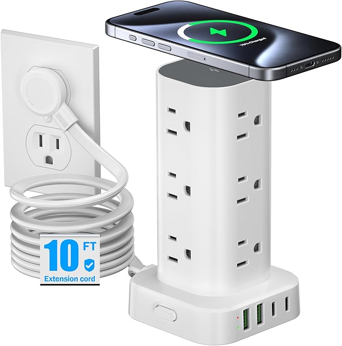 Tower Power Strip with 15W Wireless Charger, 10FT Flat Plug Extension Cord with Multiple Outlets, 12 AC Outlets, 4 USB Ports (2 USB C) Charging Station Surge Protector for Office Home Dorm Room(White) | Power Strips - TrueDesk