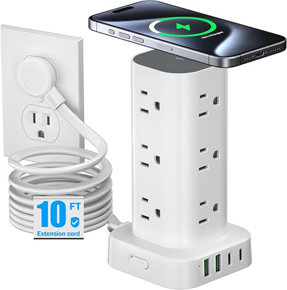 Tower Power Strip with 15W Wireless Charger, 10FT Flat Plug Extension Cord with Multiple Outlets, 12 AC Outlets, 4 USB Ports (2 USB C) Charging Station Surge Protector for Office Home Dorm Room(White) | Power Strips - TrueDesk