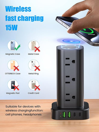 Tower Power Strip with 15W Wireless Charger, 10FT Flat Plug Extension Cord with Multiple Outlets, 12 AC Outlets, 4 USB Ports (2 USB C) Charging Station Surge Protector for Office Home Dorm Room(Black) | Power Strips - TrueDesk