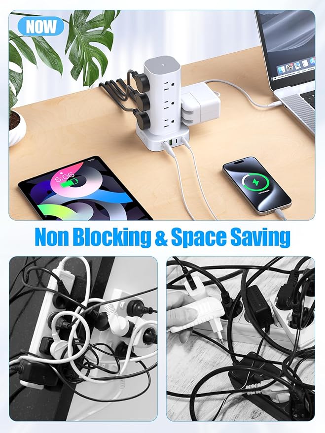 Tower Power Strip with 15W Wireless Charger, 10FT Flat Plug Extension Cord with Multiple Outlets, 12 AC Outlets, 4 USB Ports (2 USB C) Charging Station Surge Protector for Office Home Dorm Room(White) | Power Strips - TrueDesk