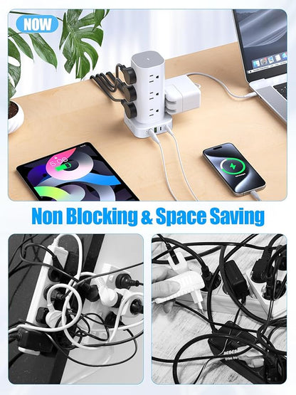 Tower Power Strip with 15W Wireless Charger, 10FT Flat Plug Extension Cord with Multiple Outlets, 12 AC Outlets, 4 USB Ports (2 USB C) Charging Station Surge Protector for Office Home Dorm Room(White) | Power Strips - TrueDesk