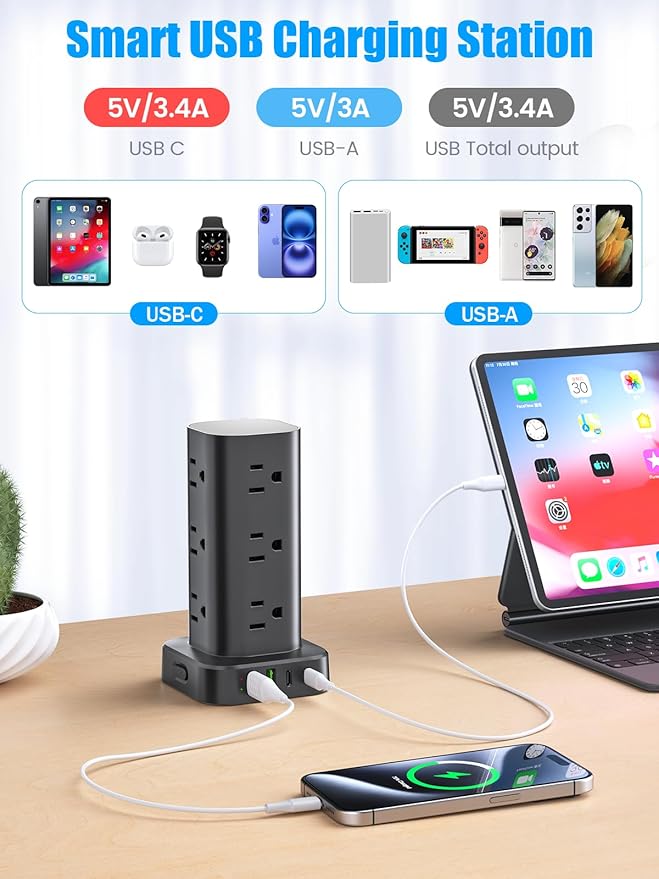 Tower Power Strip with 15W Wireless Charger, 6FT Flat Plug Extension Cord with Multiple Outlets, 12 AC Outlets, 4 USB Ports (2 USB C) Charging Station Surge Protector for Office Home Dorm Room (Black) | Power Strips - TrueDesk