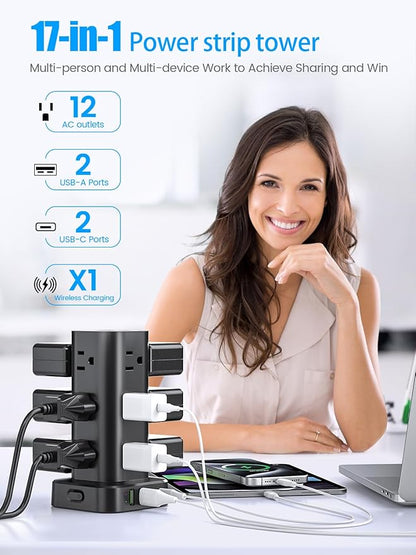 Tower Power Strip with 15W Wireless Charger, 6FT Flat Plug Extension Cord with Multiple Outlets, 12 AC Outlets, 4 USB Ports (2 USB C) Charging Station Surge Protector for Office Home Dorm Room (Black) | Power Strips - TrueDesk