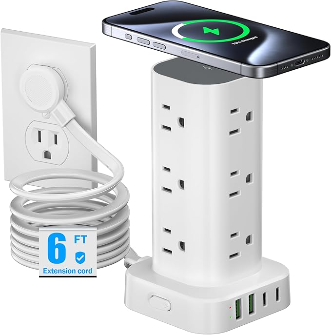 Tower Power Strip with 15W Wireless Charger, 6FT Flat Plug Extension Cord with Multiple Outlets, 12 AC Outlets, 4 USB Ports (2 USB C) Charging Station Surge Protector for Office Home Dorm Room (White) | Power Strips - TrueDesk
