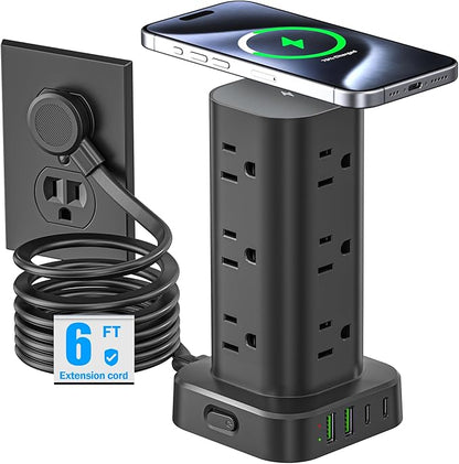 Tower Power Strip with 15W Wireless Charger, 6FT Flat Plug Extension Cord with Multiple Outlets, 12 AC Outlets, 4 USB Ports (2 USB C) Charging Station Surge Protector for Office Home Dorm Room (Black) | Power Strips - TrueDesk