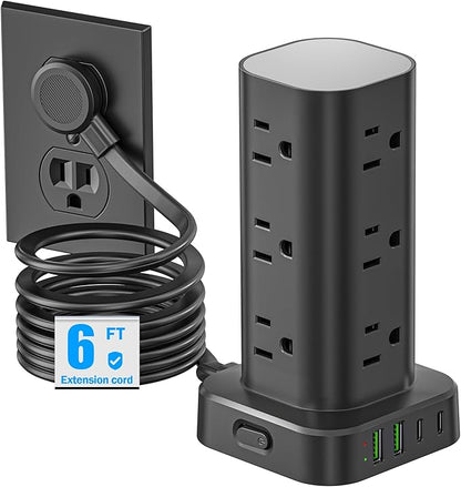 Tower Power Strip with Surge Protector - 12 AC Outlets & 4 USB Ports (2 USB - C), 6FT Extension Cord, Charging Station Tower for Home Office Dorm Travel (Black) | Power Strips - TrueDesk