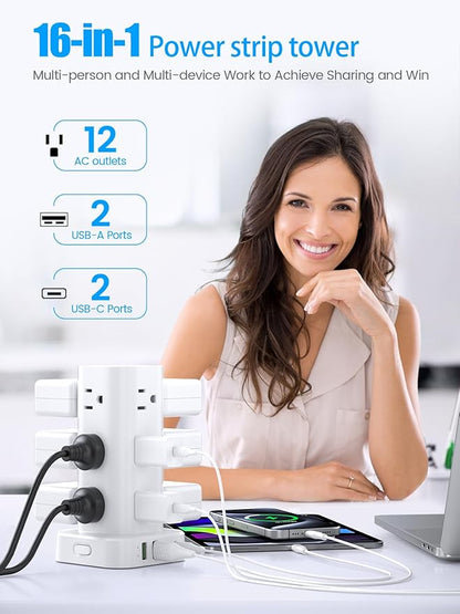 Tower Power Strips with Surge Protection, 6FT Flat Extension Cord with Multiple Outlets, 12 AC 4 USB Ports, Overload Protection Charging Station for Office Home Dorm Room Travel (White) | Power Strips - TrueDesk