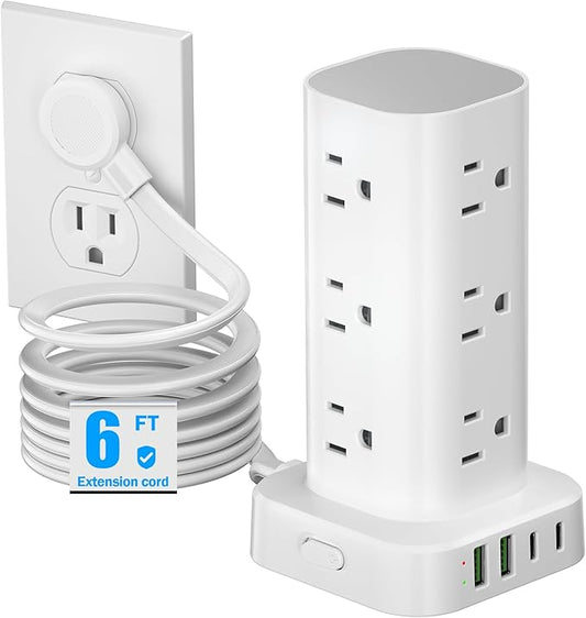 Tower Power Strips with Surge Protection, 6FT Flat Extension Cord with Multiple Outlets, 12 AC 4 USB Ports, Overload Protection Charging Station for Office Home Dorm Room Travel (White) | Power Strips - TrueDesk