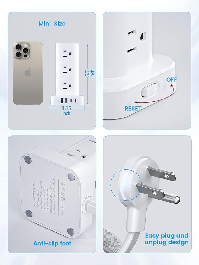 Tower Power Strips with Surge Protection, 6FT Flat Extension Cord with Multiple Outlets, 12 AC 4 USB Ports, Overload Protection Charging Station for Office Home Dorm Room Travel (White) | Power Strips - TrueDesk