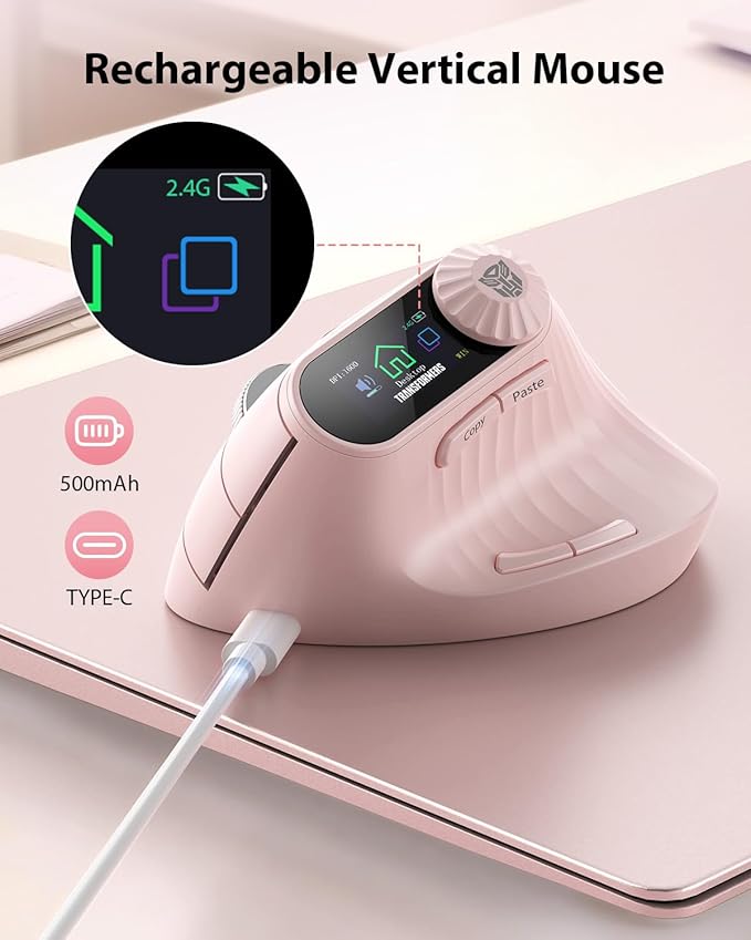 Transformers Vertical Ergonomic Mouse with LED Screen & Knob Control, Rechargeable Vertical Mouse Wireless, 3 - Device Connectivity (2.4G + Dual Bluetooth), Computer Mice for PC/Mac/Laptop, Pink | Mice - TrueDesk