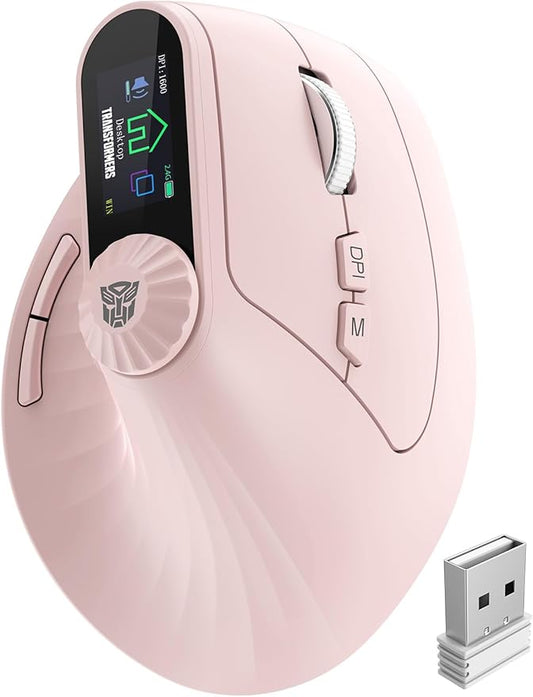 Transformers Vertical Ergonomic Mouse with LED Screen & Knob Control, Rechargeable Vertical Mouse Wireless, 3 - Device Connectivity (2.4G + Dual Bluetooth), Computer Mice for PC/Mac/Laptop, Pink | Mice - TrueDesk