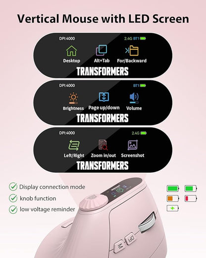 Transformers Vertical Ergonomic Mouse with LED Screen & Knob Control, Rechargeable Vertical Mouse Wireless, 3 - Device Connectivity (2.4G + Dual Bluetooth), Computer Mice for PC/Mac/Laptop, Pink | Mice - TrueDesk