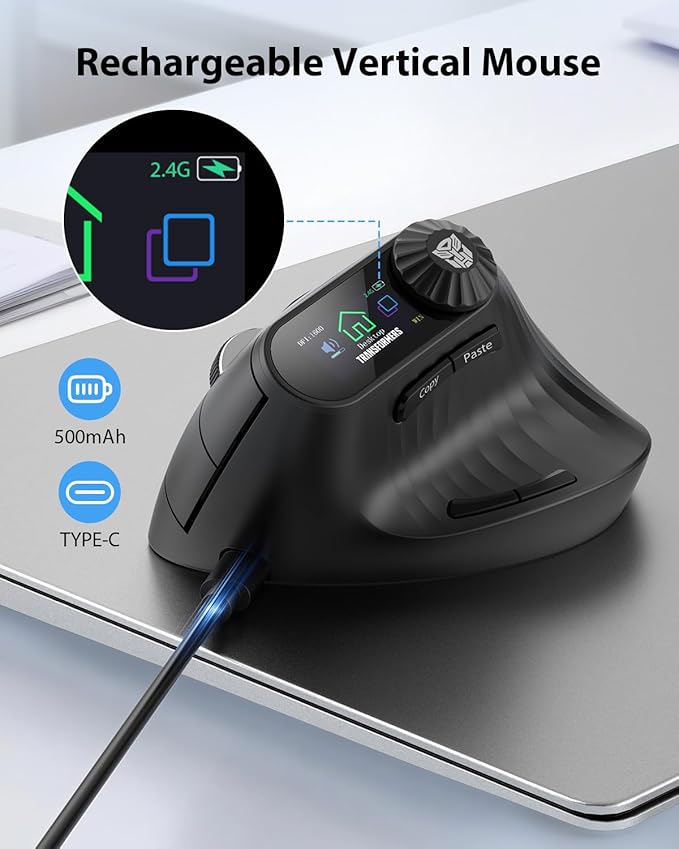Transformers Vertical Ergonomic Mouse with LED Screen & Knob Control, Rechargeable Vertical Mouse Wireless, 3 - Device Connectivity (2.4G + Dual Bluetooth), Quiet Clicks, Computer Mice for PC/Mac/Laptop | Mice - TrueDesk