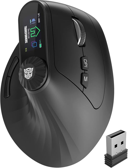 Transformers Vertical Ergonomic Mouse with LED Screen & Knob Control, Rechargeable Vertical Mouse Wireless, 3 - Device Connectivity (2.4G + Dual Bluetooth), Quiet Clicks, Computer Mice for PC/Mac/Laptop | Mice - TrueDesk