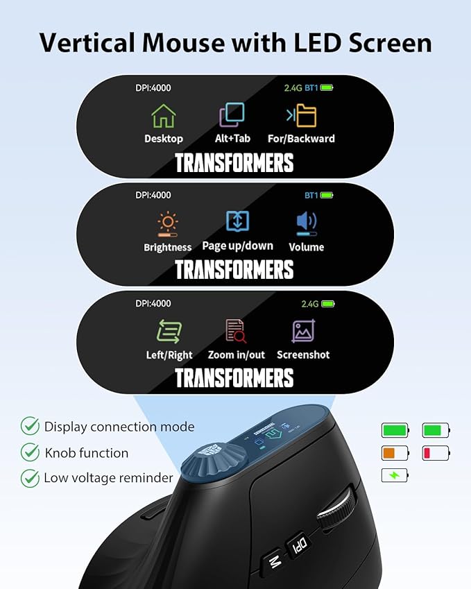Transformers Vertical Ergonomic Mouse with LED Screen & Knob Control, Rechargeable Vertical Mouse Wireless, 3 - Device Connectivity (2.4G + Dual Bluetooth), Quiet Clicks, Computer Mice for PC/Mac/Laptop | Mice - TrueDesk