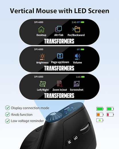 Transformers Vertical Ergonomic Mouse with LED Screen & Knob Control, Rechargeable Vertical Mouse Wireless, 3 - Device Connectivity (2.4G + Dual Bluetooth), Quiet Clicks, Computer Mice for PC/Mac/Laptop | Mice - TrueDesk