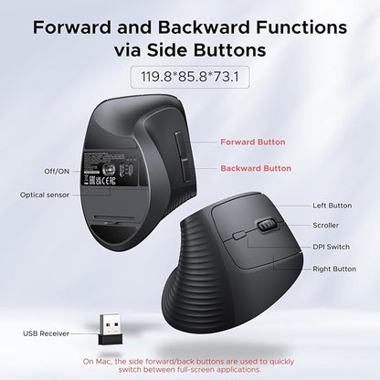 UGREEN Ergonomic Mouse, Wireless Bluetooth Vertical Mouse, Dual - Mode (BT 5.4 & USB 2.4G), Quiet Clicks, 4 Adjustable DPI (1000/1600/2000/4000), Compatible with Windows/Mac/Linux/Android/ChromeOS | Mice - TrueDesk