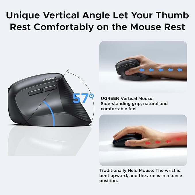 UGREEN Ergonomic Mouse, Wireless Bluetooth Vertical Mouse, Dual - Mode (BT 5.4 & USB 2.4G), Quiet Clicks, 4 Adjustable DPI (1000/1600/2000/4000), Compatible with Windows/Mac/Linux/Android/ChromeOS | Mice - TrueDesk