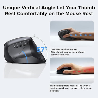 UGREEN Ergonomic Mouse, Wireless Bluetooth Vertical Mouse, Dual - Mode (BT 5.4 & USB 2.4G), Quiet Clicks, 4 Adjustable DPI (1000/1600/2000/4000), Compatible with Windows/Mac/Linux/Android/ChromeOS | Mice - TrueDesk