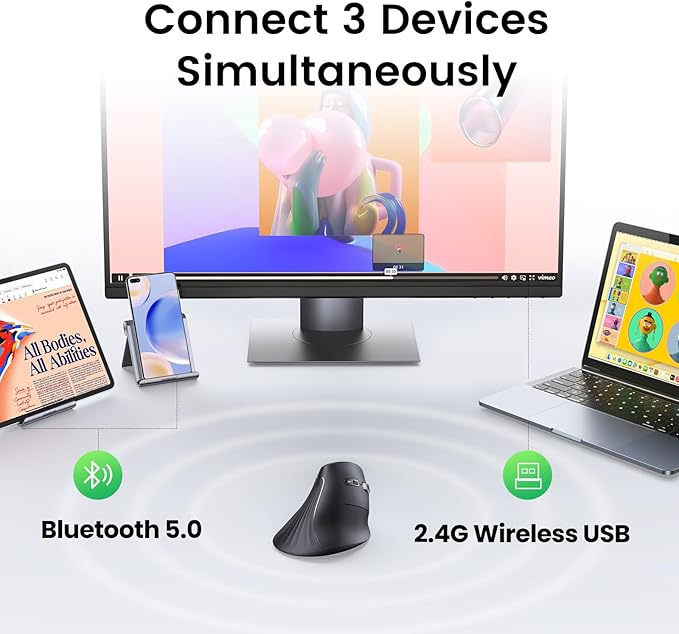 UGREEN Vertical Wireless (Bluetooth 5.0+2.4G) Ergonomic Mouse with 5 Buttons, 1000/1600/2000/4000 DPI, Prevention of Mouse Arm, Vertical Mouse Compatible with PC/Laptop/Tablet, Black | Mice - TrueDesk
