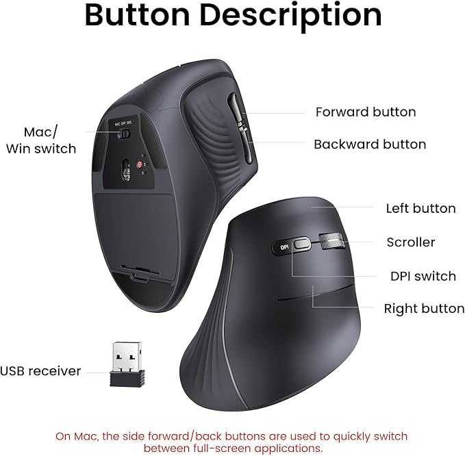 UGREEN Vertical Wireless (Bluetooth 5.0+2.4G) Ergonomic Mouse with 5 Buttons, 1000/1600/2000/4000 DPI, Prevention of Mouse Arm, Vertical Mouse Compatible with PC/Laptop/Tablet, Black | Mice - TrueDesk