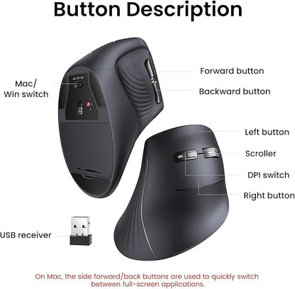 UGREEN Vertical Wireless (Bluetooth 5.0+2.4G) Ergonomic Mouse with 5 Buttons, 1000/1600/2000/4000 DPI, Prevention of Mouse Arm, Vertical Mouse Compatible with PC/Laptop/Tablet, Black | Mice - TrueDesk