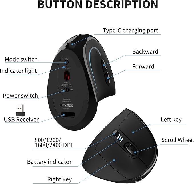 Uineer Ergonomic Mouse, Wireless Bluetooth Rechargeable Vertical Mouse, 7 Color LED, 4 DPI Adjustable, USB - A, Wrist Strain Relief,Optical Mice for Computer/PC/Laptop, Black (Black) | Mice - TrueDesk