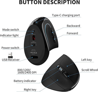 Uineer Ergonomic Mouse, Wireless Bluetooth Rechargeable Vertical Mouse, 7 Color LED, 4 DPI Adjustable, USB - A, Wrist Strain Relief,Optical Mice for Computer/PC/Laptop, Black (Black) | Mice - TrueDesk