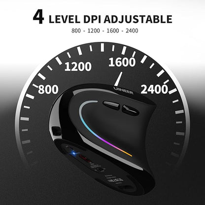 Uineer Ergonomic Mouse, Wireless Bluetooth Rechargeable Vertical Mouse, 7 Color LED, 4 DPI Adjustable, USB - A, Wrist Strain Relief,Optical Mice for Computer/PC/Laptop, Black (Black) | Mice - TrueDesk