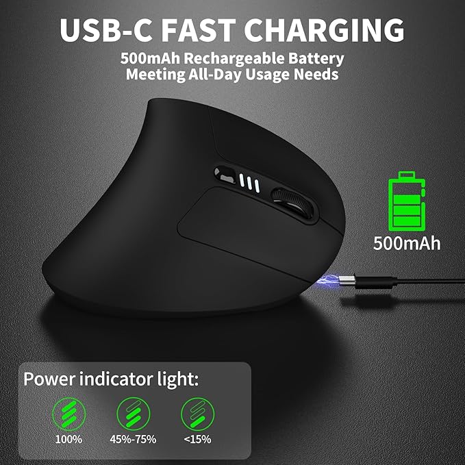 Uineer Ergonomic Mouse, Wireless Bluetooth Rechargeable Vertical Mouse, 7 Color LED, 4 DPI Adjustable, USB - A, Wrist Strain Relief,Optical Mice for Computer/PC/Laptop, Black (Black) | Mice - TrueDesk