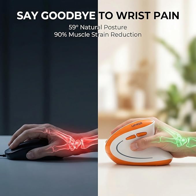 Uineer Ergonomic Mouse, Wireless Bluetooth Rechargeable Vertical Mouse, 7 Color LED, 4 DPI Adjustable, USB - A, Wrist Strain Relief,Optical Mice for Computer/PC/Laptop, Black (Orange) | Mice - TrueDesk