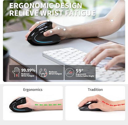 Uineer Ergonomic Mouse, Wireless Bluetooth Rechargeable Vertical Mouse, 7 Color LED, 4 DPI Adjustable, USB - A, Wrist Strain Relief,Optical Mice for Computer/PC/Laptop, Black (Black) | Mice - TrueDesk