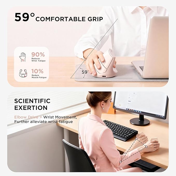 Uineer Ergonomic Wireless Mouse Pink,Bluetooth Vertical Mouse with BT5.0/4.0/2.4G, Rechargeable with Battery Indicator,Ergonomic Design for Comfort and Reduced Wrist Strain for Home,Office Use Pink | Mice - TrueDesk