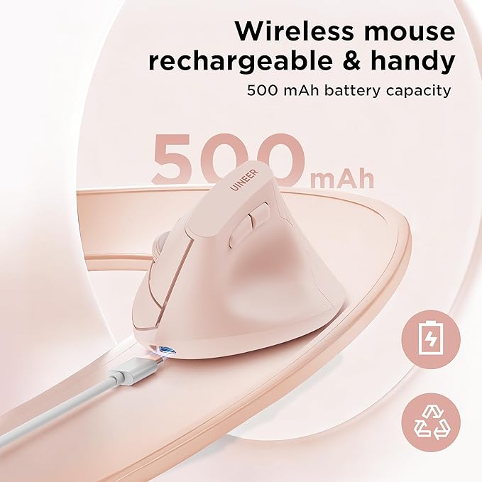 Uineer Ergonomic Wireless Mouse Pink,Bluetooth Vertical Mouse with BT5.0/4.0/2.4G, Rechargeable with Battery Indicator,Ergonomic Design for Comfort and Reduced Wrist Strain for Home,Office Use Pink | Mice - TrueDesk