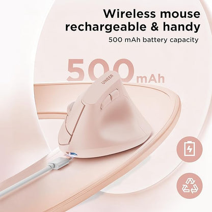 Uineer Ergonomic Wireless Mouse Pink,Bluetooth Vertical Mouse with BT5.0/4.0/2.4G, Rechargeable with Battery Indicator,Ergonomic Design for Comfort and Reduced Wrist Strain for Home,Office Use Pink | Mice - TrueDesk