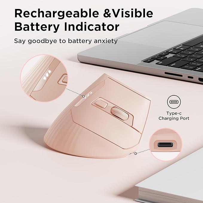 Uineer Ergonomic Wireless Mouse Pink,Bluetooth Vertical Mouse with BT5.0/4.0/2.4G, Rechargeable with Battery Indicator,Ergonomic Design for Comfort and Reduced Wrist Strain for Home,Office Use Pink | Mice - TrueDesk