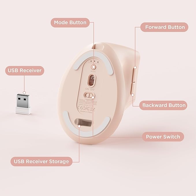 Uineer Ergonomic Wireless Mouse Pink,Bluetooth Vertical Mouse with BT5.0/4.0/2.4G, Rechargeable with Battery Indicator,Ergonomic Design for Comfort and Reduced Wrist Strain for Home,Office Use Pink | Mice - TrueDesk