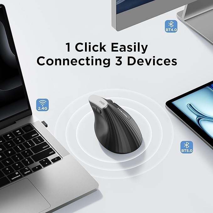 Uineer Wireless Ergonomic Mouse, Bluetooth Mice (BT4.0/5.0 and 2.4G) Rechargeable Vertical Mouse, 3 Multi - Device Connectivity for PC/Mac/Laptop/Computer, 4 DPI Quiet Clicks for Office, Home, Black | Mice - TrueDesk