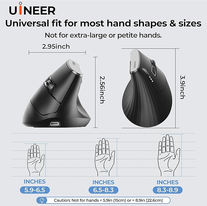 Uineer Wireless Ergonomic Mouse, Bluetooth Mice (BT4.0/5.0 and 2.4G) Rechargeable Vertical Mouse, 3 Multi - Device Connectivity for PC/Mac/Laptop/Computer, 4 DPI Quiet Clicks for Office, Home, Black | Mice - TrueDesk