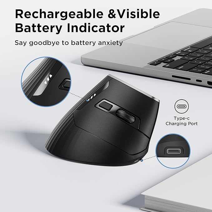 Uineer Wireless Ergonomic Mouse, Bluetooth Mice (BT4.0/5.0 and 2.4G) Rechargeable Vertical Mouse, 3 Multi - Device Connectivity for PC/Mac/Laptop/Computer, 4 DPI Quiet Clicks for Office, Home, Black | Mice - TrueDesk