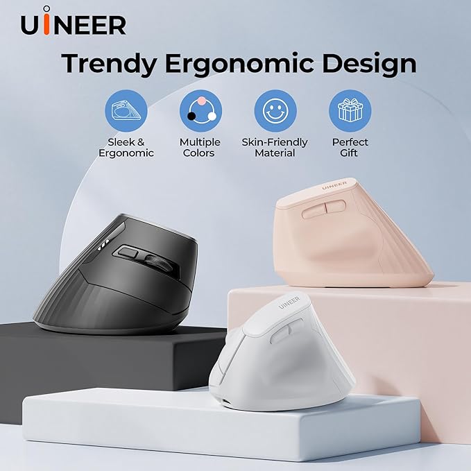 Uineer Wireless Ergonomic Mouse, Bluetooth Mice (BT4.0/5.0 and 2.4G) Rechargeable Vertical Mouse, 3 Multi - Device Connectivity for PC/Mac/Laptop/Computer, 4 DPI Quiet Clicks for Office, Home, Black | Mice - TrueDesk