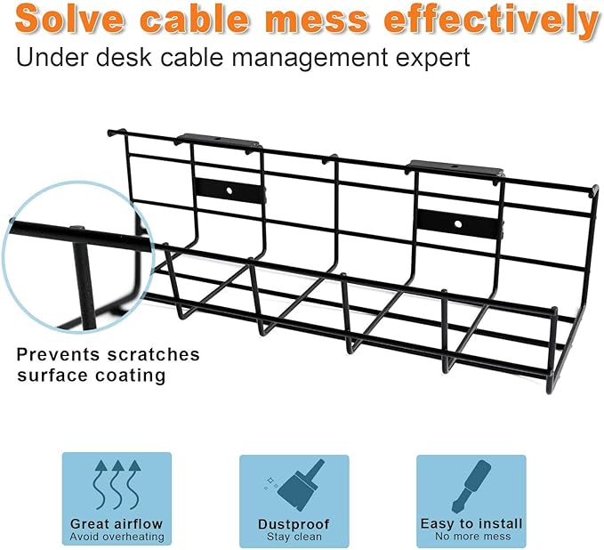 Under Desk Cable Management - 6 Pack Cord Organizer. Metal Wire Cable Management Tray for Office, Studio and Home. Super Sturdy Under Table Cable Managements - Black Cable Organizer | Cable Raceways - TrueDesk
