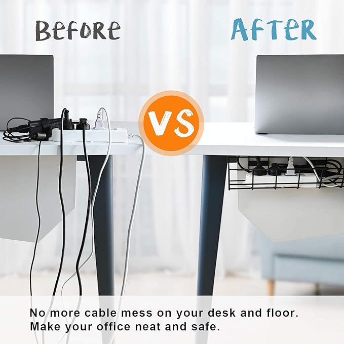 Under Desk Cable Management - 6 Pack Cord Organizer. Metal Wire Cable Management Tray for Office, Studio and Home. Super Sturdy Under Table Cable Managements - Black Cable Organizer | Cable Raceways - TrueDesk