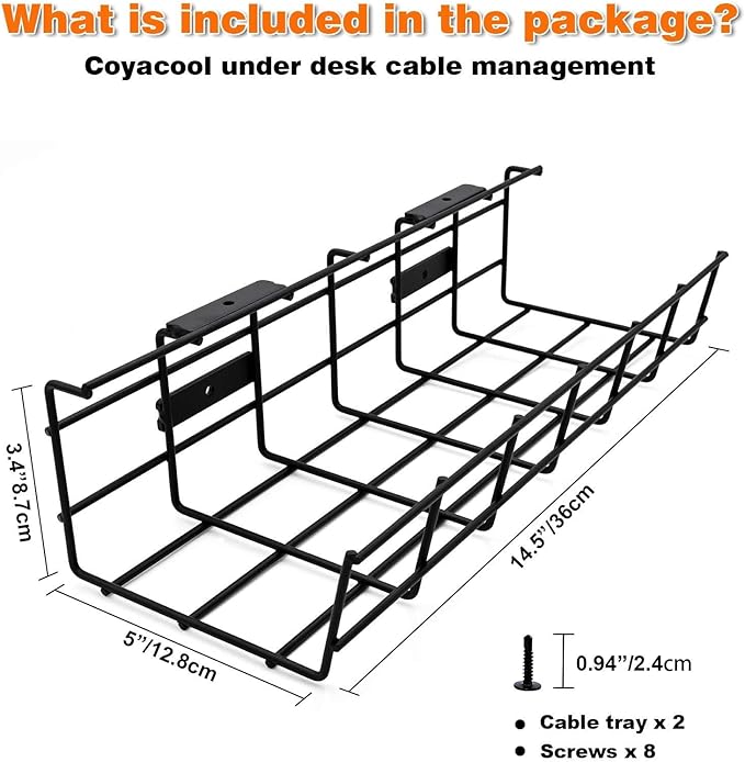 Under Desk Cable Management - 6 Pack Cord Organizer. Metal Wire Cable Management Tray for Office, Studio and Home. Super Sturdy Under Table Cable Managements - Black Cable Organizer | Cable Raceways - TrueDesk