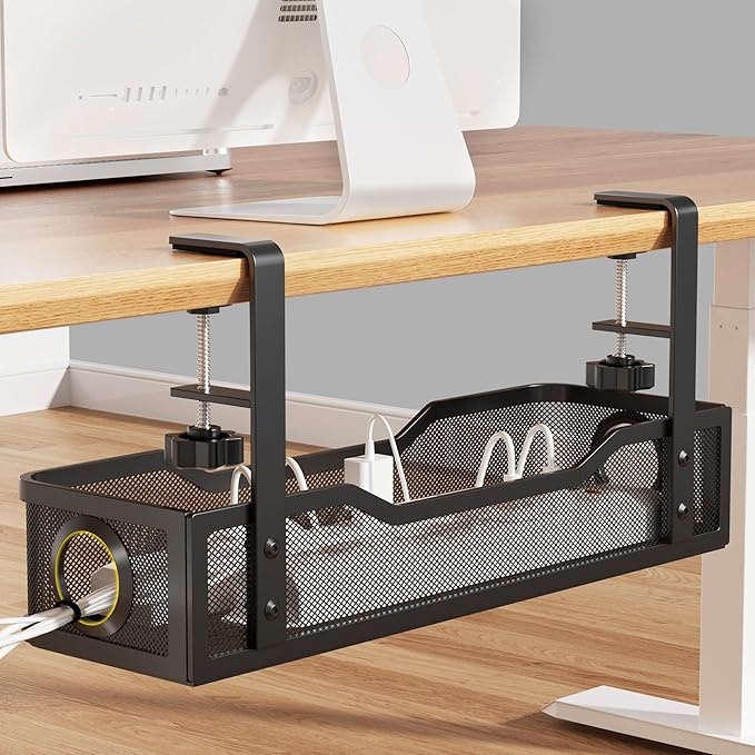 Under Desk Cable Management Large, Cinati 16" Cable Management Box for Table Thickness up to 3", Wire Cord Organizer with Clamp No Drill, No Damage to Desk (Black) | Cable Raceways - TrueDesk