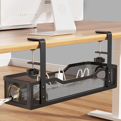 Under Desk Cable Management Large, Cinati 16" Cable Management Box for Table Thickness up to 3", Wire Cord Organizer with Clamp No Drill, No Damage to Desk (Black) | Cable Raceways - TrueDesk