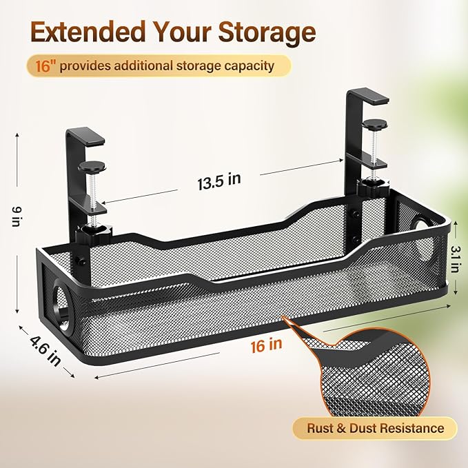 Under Desk Cable Management Large, Cinati 16" Cable Management Box for Table Thickness up to 3", Wire Cord Organizer with Clamp No Drill, No Damage to Desk (Black) | Cable Raceways - TrueDesk